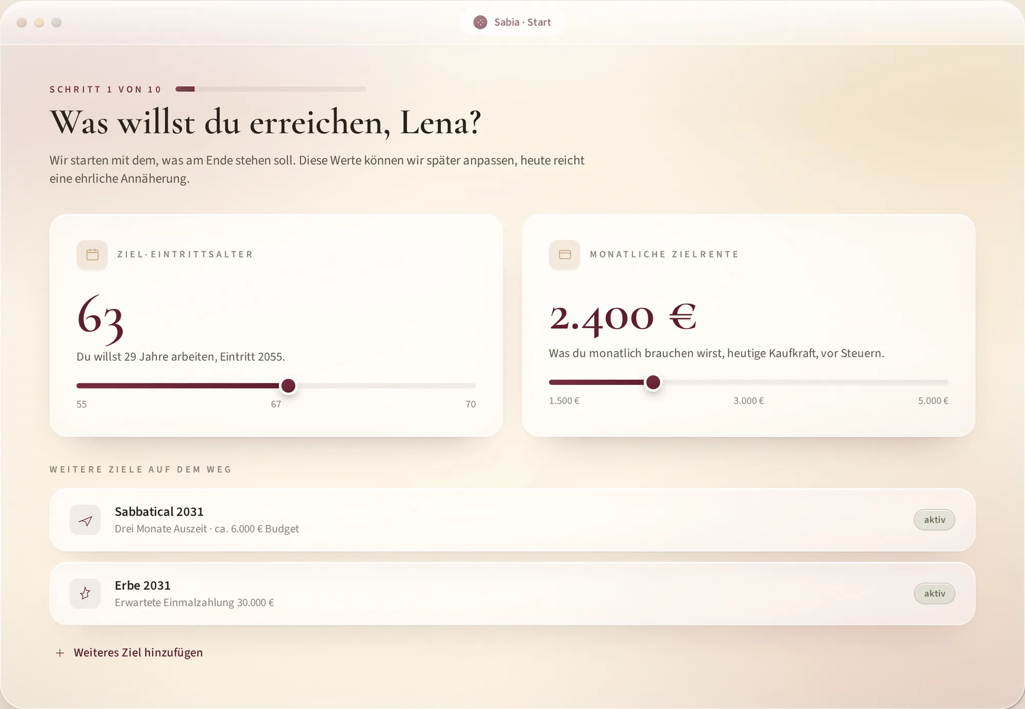 sabiaOS onboarding — goal capture with Lena