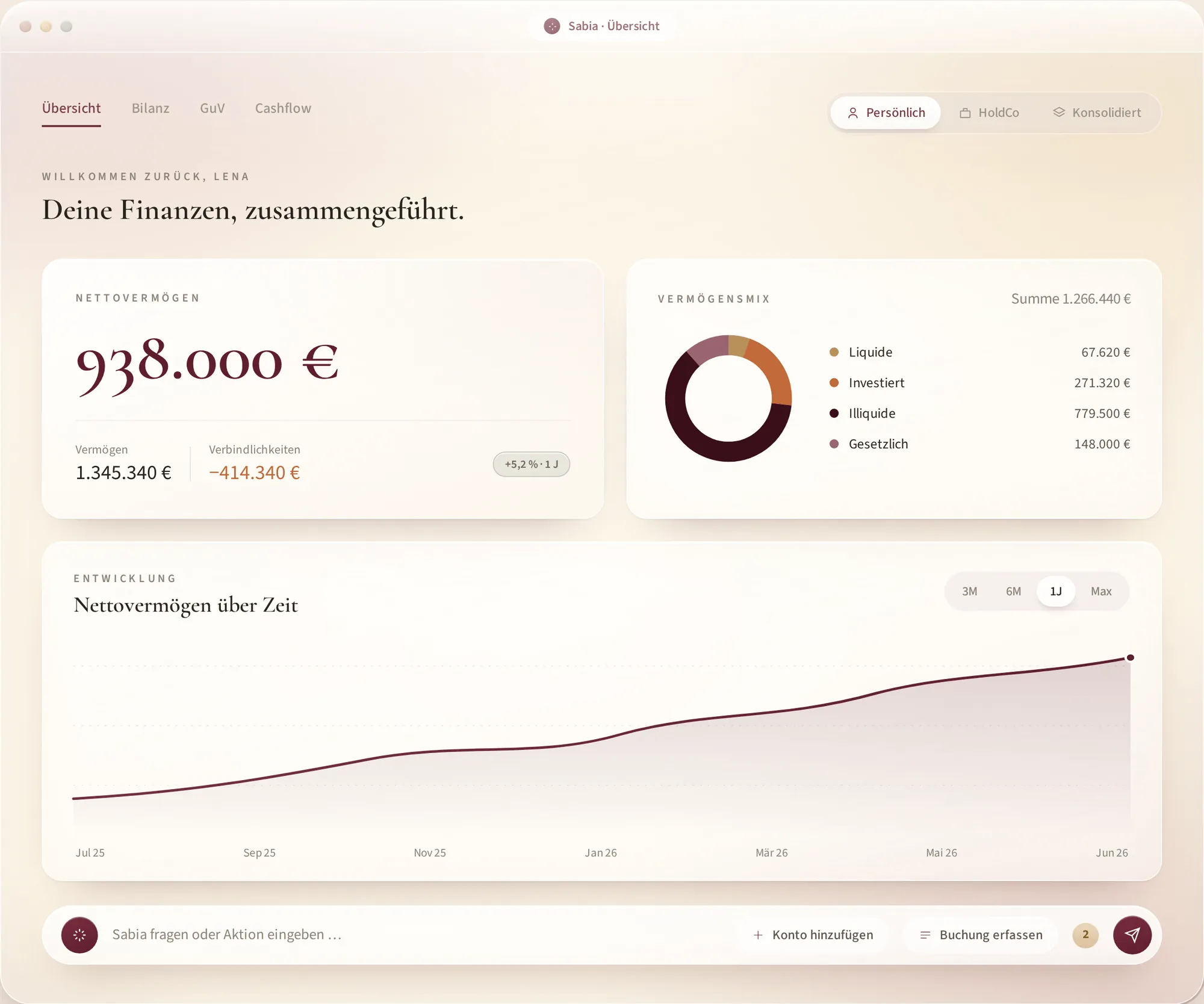 sabiaOS overview — finances in one place